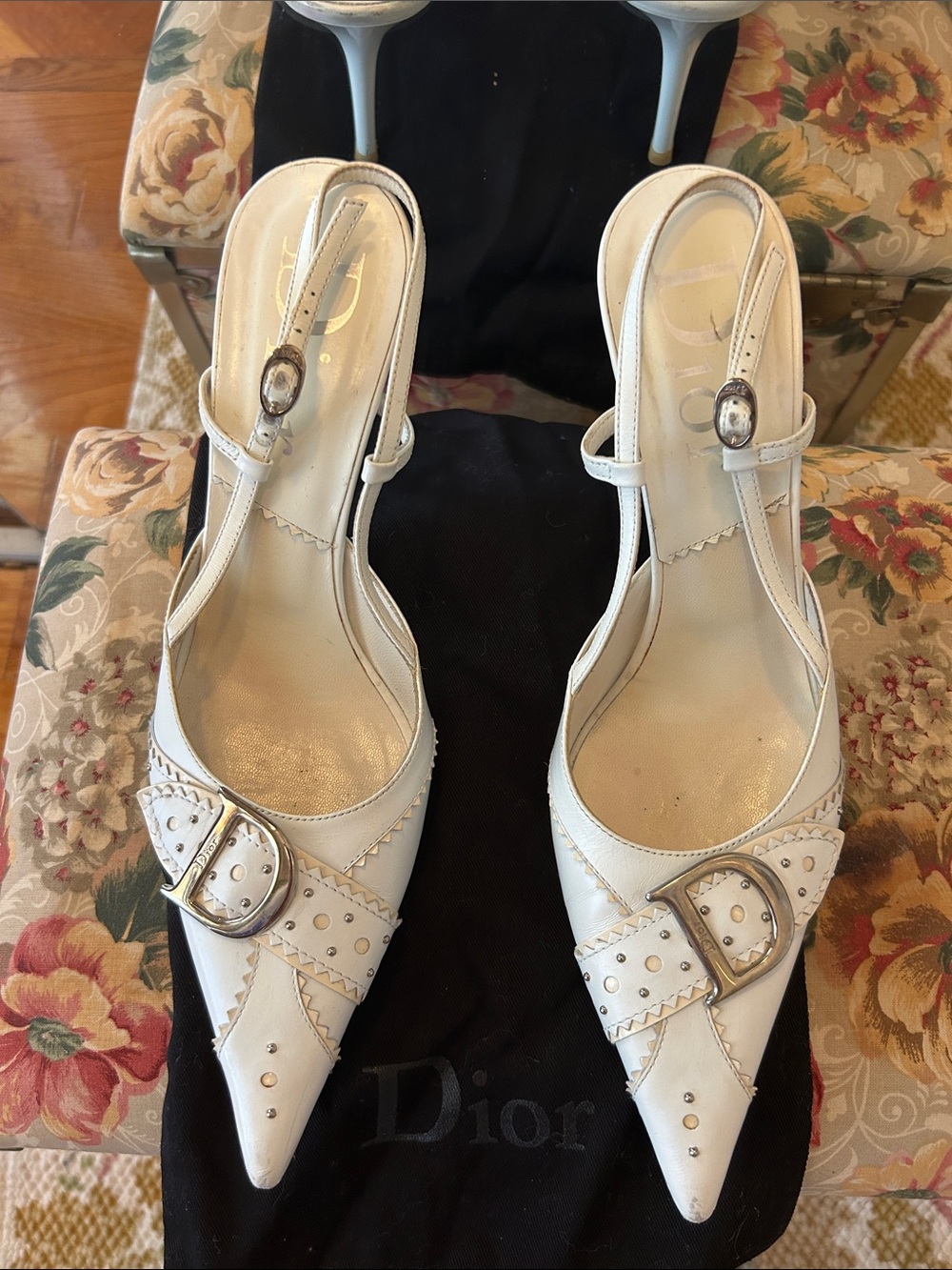 Dior White Pointed-Toe Studded Slingback Heels vintage